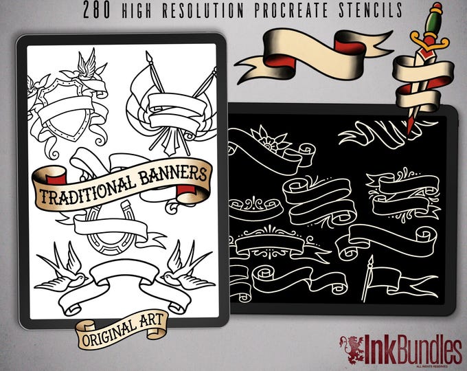 Procreate 280 Banner Designs | Procreate Brushset | Traditional Banners | stencils