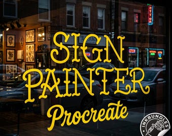 May include: A digital graphic overlay featuring the yellow text "SIGN PAINTER Procreate" centered on a dark background. Above the text is "DESIGN TEAM VALHALLA" and below is "HANDMADE LETTERING SYSTEM FOR PROCREATE" with a circular logo.