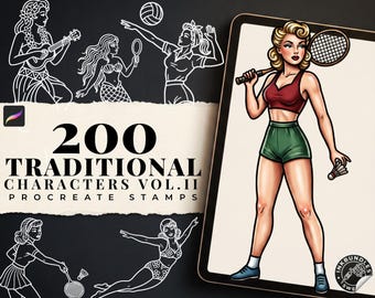 May include: A digital collection of 200 traditional characters Procreate stamps featuring white line art illustrations of various figures and a full-color illustration of a badminton player holding a racket and shuttlecock on a tablet screen.