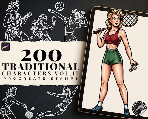 Procreate 200 Traditional characters vol.2, Tattoo design kit,  Brushset, original stencils