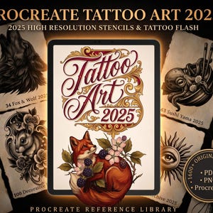 Peut inclure: Une tablette numérique affichant le texte Tattoo Art 2025 avec une illustration de renard et de mûres, entourée de divers croquis de tatouage dont un loup, une pieuvre et un œil, avec des étiquettes comme 1600+ Original Designs PDF PNG Procreate.