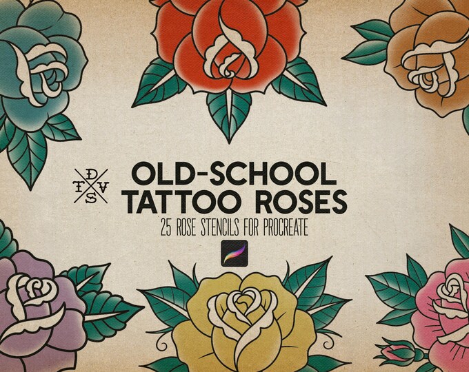 Traditional Tattoo Roses, 25 custom Procreate Stamps, artists reference library
