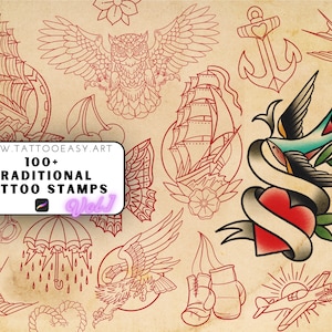 100+ traditionele tattoo-stempelborstels! Leuke kleurprojecten en inspiratie: Traditional Vol.1, procreate en png-versie inbegrepen