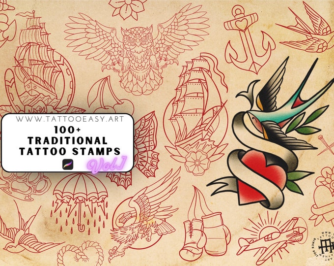 100+ traditional tattoo stamp brushes! Fun colouring projects and inspiration - Traditional Vol.1, procreate & png version included