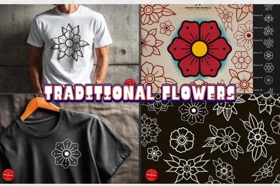 Traditional Flowers |  65 flowers  – Procreate Stamps | Old School