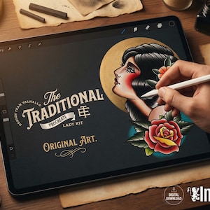 May include: A digital tablet displaying an illustration of a woman with dark hair and a red rose, accompanied by the text The Traditional Procreate Lady Kit and Original Art. A stylus is held over the screen, which features a dark background.