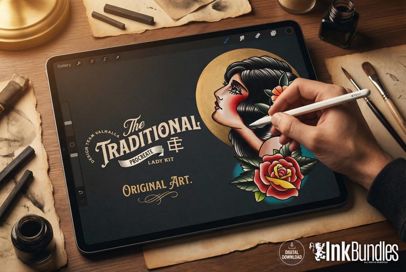 May include: A digital tablet displaying an illustration of a woman with dark hair and a red rose, accompanied by the text The Traditional Procreate Lady Kit and Original Art. A stylus is held over the screen, which features a dark background.