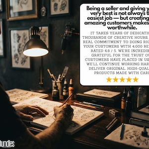 May include: A person sketching tattoo designs on paper, illuminated by a desk lamp. The image includes text that reads, "Being a seller and giving your very best is not always the easiest job - but creating for amazing customers makes it all worthwhile."