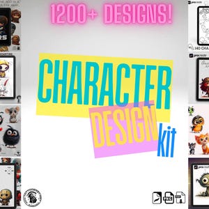 Peut inclure: Kit de conception de personnages numériques avec le texte "CHARACTER DESIGN kit" dans un design coloré. L'image présente également diverses illustrations de personnages de dessins animés et le texte "1200+ DESIGNS!"