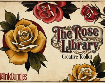 Neo Traditional Tattoo Bundle | Rose Tattoo Designs | Procreate + PNG & Ebook| Roses Art | stencils