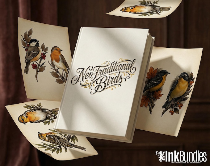 Neo Traditional Birds Tattoo Reference Kit, Procreate Stamps + PNG, 100+ Original Designs
