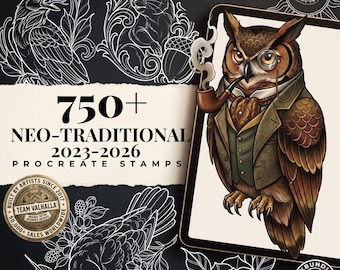 May include: A digital collection of 750+ Neo-Traditional 2023-2026 Procreate stamps featuring white line art of a raven, squirrel, and bird on a black background, with a colored illustration of an owl wearing a suit and monocle smoking a pipe.