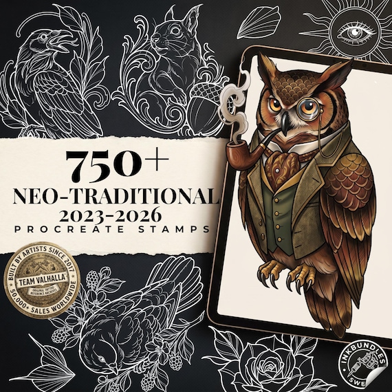Neo-Traditional Tattoo stencil Library, Neo-trad tattoo flash art, Procreate, Pdf & PNG files - Digital download