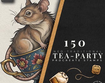 May include: A digital illustration of a brown mouse sitting inside a blue floral teacup, next to a black panel featuring the text 150 NEO-TRADITIONAL TEA-PARTY PROCREATE STAMPS and a tea bag with a tag labeled TEATIME.