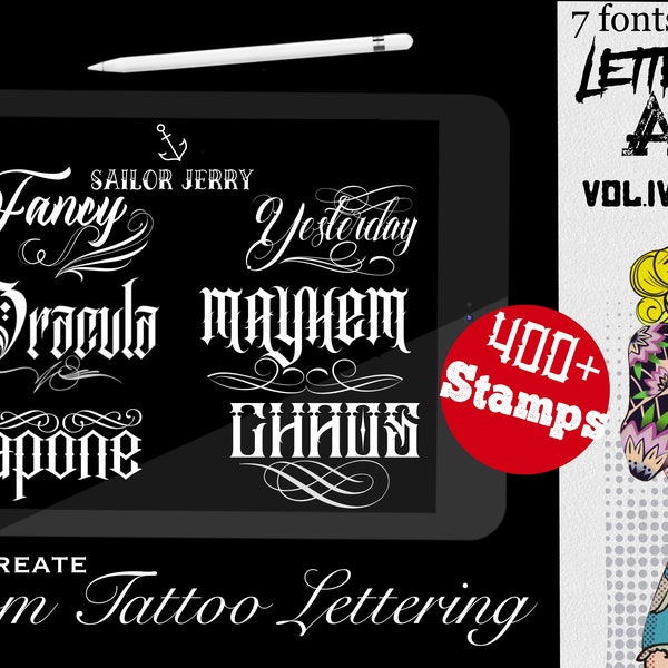 Procreate Lettering made easy vol.4, - mega pack, 400+ stamps -tattoo inspired fonts vol.4 / 7 fonts and some extra font stuff