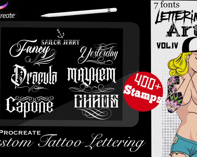 Procreate Lettering made easy vol.4, - mega pack, 400+ stamps -tattoo inspired fonts vol.4 / 7 fonts and some extra font stuff