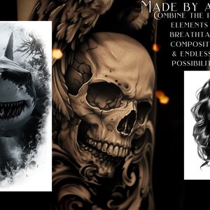 Pu&ograve; includere: Opera d'arte digitale con un'illustrazione di uno squalo, un teschio e un ritratto di donna. Il testo recita: "MADE BY ARTISTS! COMBINE THE INCLUDED ELEMENTS FOR BREATHTAKING COMPOSITIONS & ENDLESS OF POSSIBILITIES."