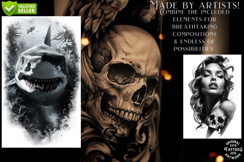 Pu&ograve; includere: Opera d'arte digitale con un'illustrazione di uno squalo, un teschio e un ritratto di donna. Il testo recita: "MADE BY ARTISTS! COMBINE THE INCLUDED ELEMENTS FOR BREATHTAKING COMPOSITIONS & ENDLESS OF POSSIBILITIES."