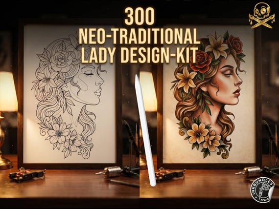 300 Neo-Traditional Lady Design Kit for Procreate | Head Templates, Hair, Ready-Made Stencils