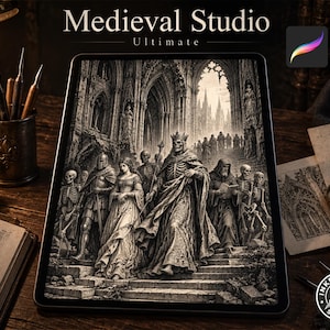 May include: A digital tablet displays a detailed monochrome illustration of a skeletal king in a crown and robes leading a procession of skeletons, a knight, and a robed figure down stone steps within a gothic cathedral setting.