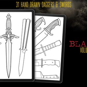 May include: Two digital tablets display hand-drawn daggers and swords. The left tablet shows three blades, including a dagger with a detailed hilt. The right tablet shows additional blade designs. Text reads "31 HAND DRAWN DAGGERS & SWORDS" and "BLADES VOLUME 1".