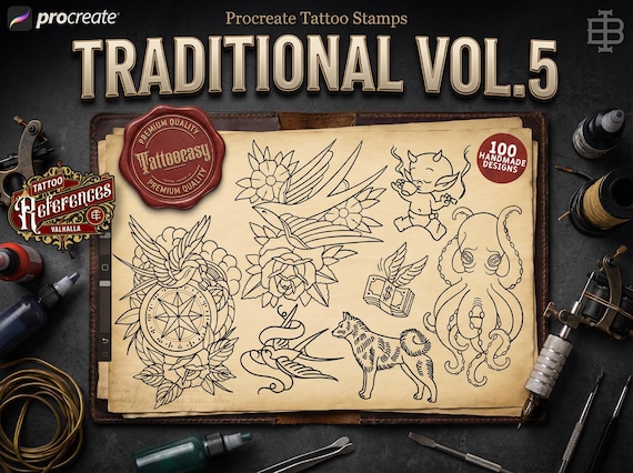 Traditional Tattoo Procreate Stamp brushes, Vol. 5, 100 Designs (Digital Download) studio stencils