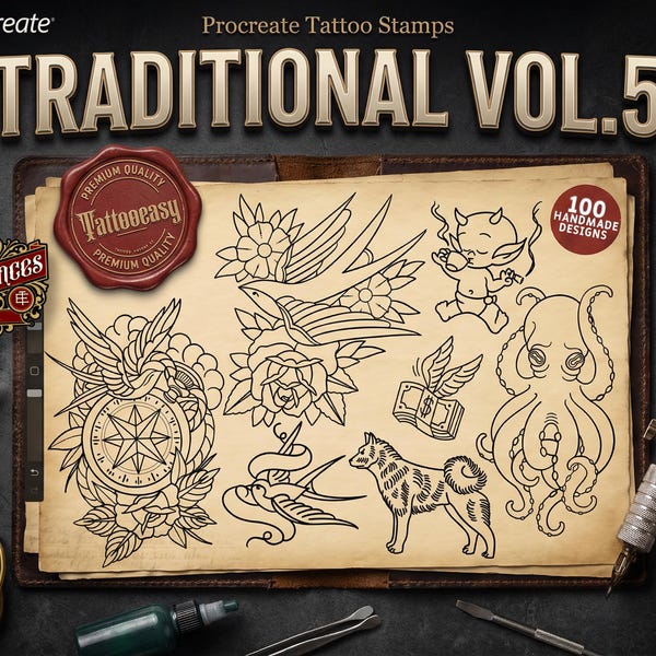 Traditional Tattoo Procreate Stamp brushes, Vol. 5, 100 Designs (Digital Download) studio stencils