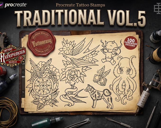 Traditional Tattoo Procreate Stamp brushes, Vol. 5, 100 Designs (Digital Download) studio stencils