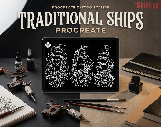 Traditional Tattoo Stencils - 100 files | Procreate Stamp Brushes PNG EPS SVG