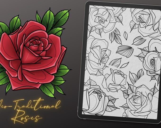 Neo Traditional Rose Clipart: Procreate Stamps, Tattoo Art - PNG & Brush