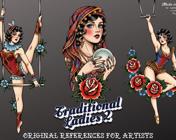 Procreate Tattoo Stamp Brushes, Traditional ladies vol.2 ~ 70 designs