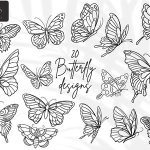 Clipart tatouage papillon / Ensemble de papillons dessinés à la main pour autocollants, impressions, découpe. Formatez l'IA. SVG. PNG.