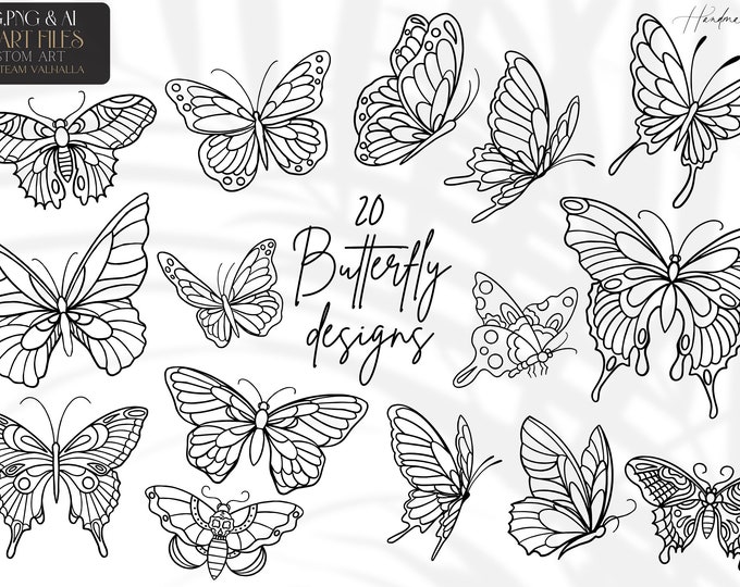 Butterfly tattoo clipart / Butterflies outlined handmade design bundle for stickers, prints, cutting. Format AI. SVG. PNG.