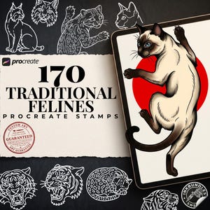 Könnte beinhalten: Ein digitales Kunstset mit 170 traditionellen Katzen-Procreate-Stempeln. Das Bild zeigt weiße Strichzeichnungen verschiedener Katzen, eine zentrale Illustration einer Siamkatze vor einem roten Kreis und den Text 170 TRADITIONAL FELINES PROCREATE STAMPS.
