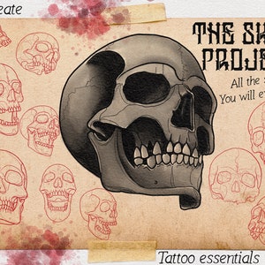 Może przedstawiać: Cyfrowa ilustracja czaszki z zębami, zatytułowana "The Skull Project: All the skulls you will ever need." Ilustracja jest otoczona zarysami różnych kształtów czaszek. Tekst "Tattoo essentials vol.2" znajduje się na dole obrazu.