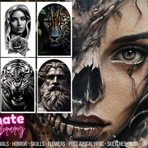 Pu&ograve; includere: Una collezione di disegni di tatuaggi in bianco e nero, con figure religiose, animali e teschi. I disegni sono dettagliati e ombreggiati. &Egrave; visibile anche il testo "Ultimate Tattoo Library".