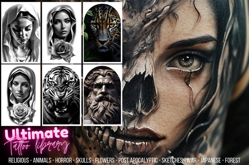 Pu&ograve; includere: Una collezione di disegni di tatuaggi in bianco e nero, con figure religiose, animali e teschi. I disegni sono dettagliati e ombreggiati. &Egrave; visibile anche il testo "Ultimate Tattoo Library".