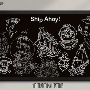 Procreate, Ship Ahoy! 100 tatuaży, pomysły na tatuaże z konturami, rysowane ręcznie