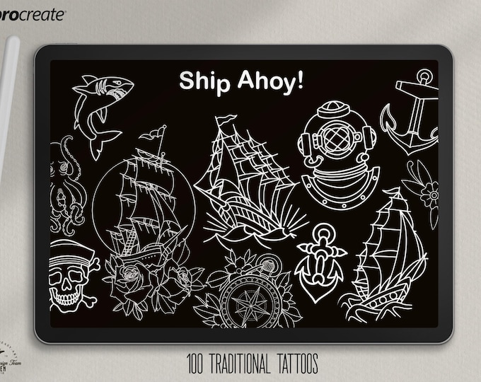 Procreate, Ship Ahoy! 100 tattos, outlined tattoo ideas, hand drawn art