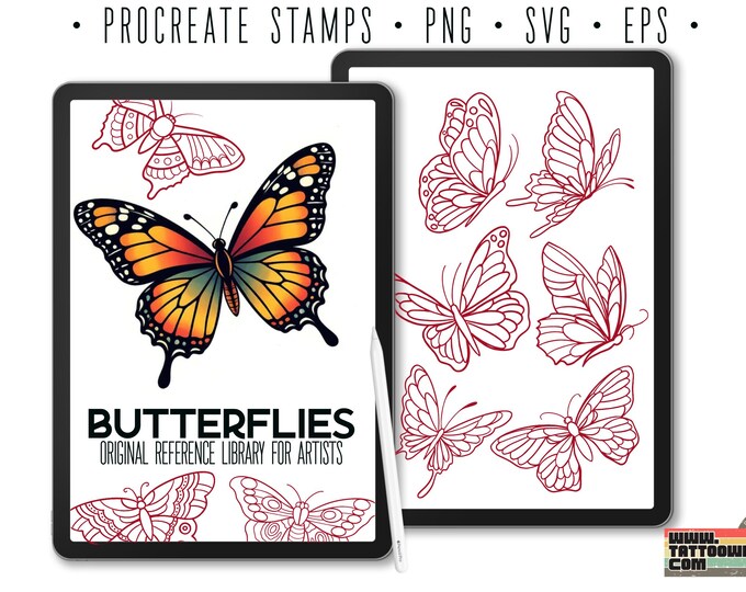 Tattoo references 100 files | Traditional Butterflies Flash Art (Digital Download) Procreate PNG SVG EPS