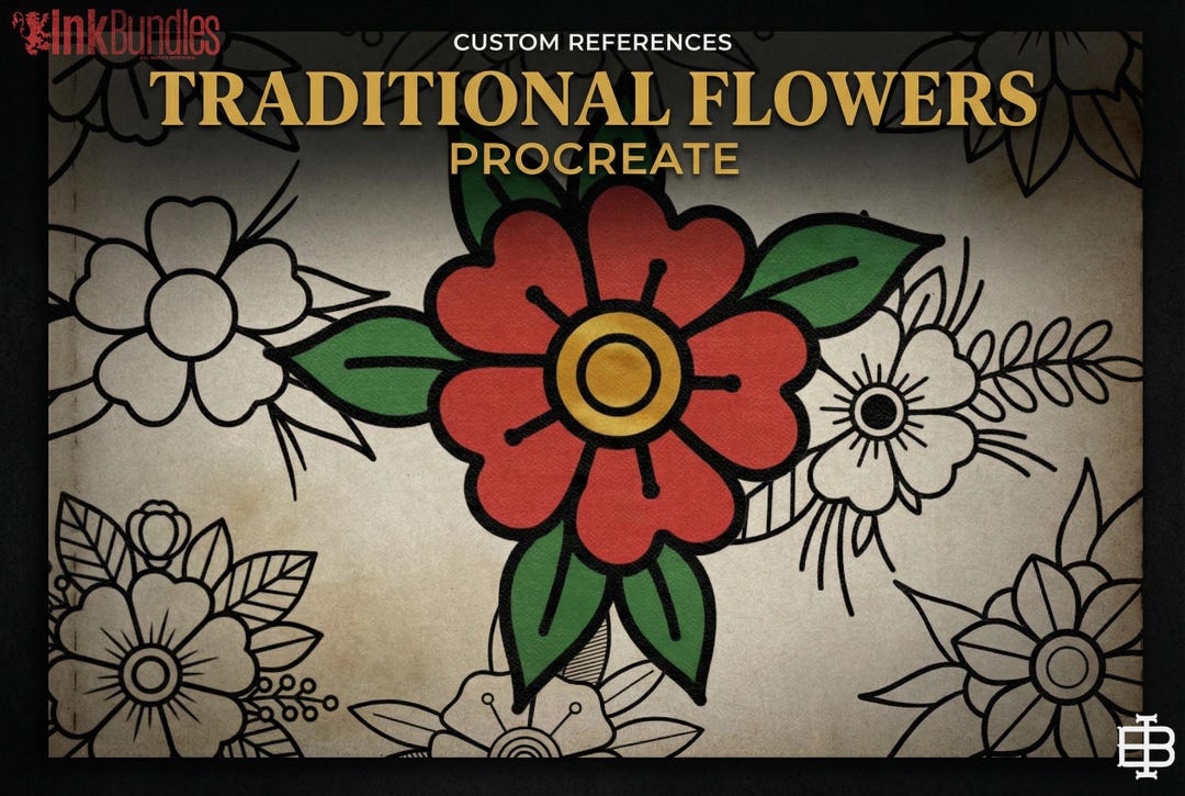Traditional Tattoo Flowers 120 Files – Procreate Stamps | Old School ...