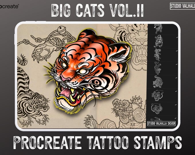 Procreate Tattoo Stamps: Big Cats vol.2 Flash Art Reference Bundle (Digital Download) 33 designs!