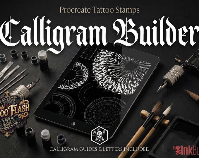 The calligram builder set, black letter brushes, goth alphabet, guides & more