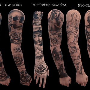 Pu&ograve; includere: Esposizione di disegni di maniche tatuate con dettagliate opere d'arte in bianco e nero. Gli stili includono teschi e rose, realismo religioso con Madonna e bambino e figure neoclassiche. I disegni sono mostrati su braccia su sfondo nero.