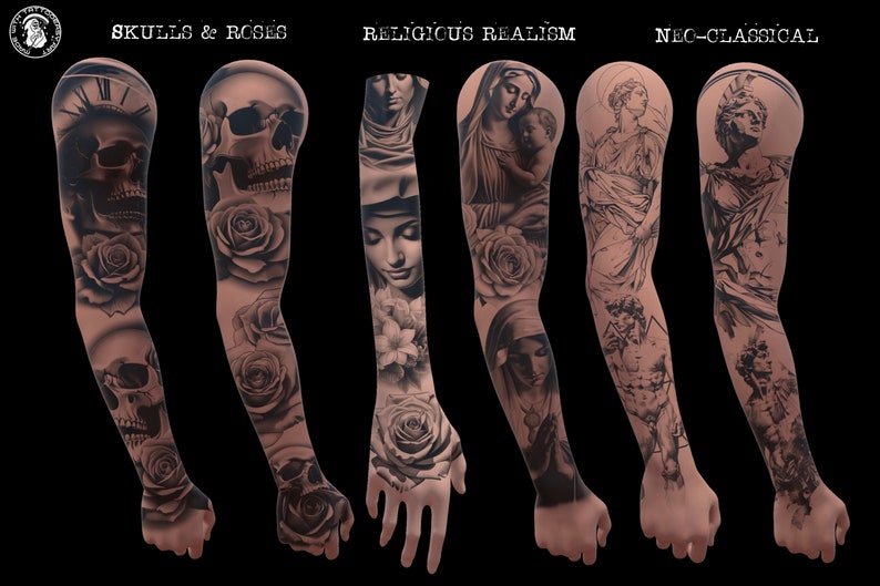Pu&ograve; includere: Esposizione di disegni di maniche tatuate con dettagliate opere d'arte in bianco e nero. Gli stili includono teschi e rose, realismo religioso con Madonna e bambino e figure neoclassiche. I disegni sono mostrati su braccia su sfondo nero.