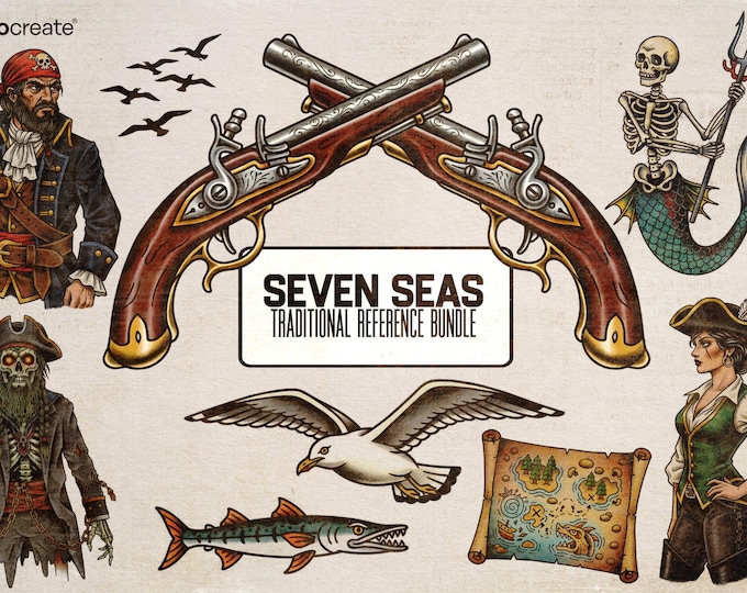 ProcreateTattoo Stamp Brushes, The Seven Seas (140+ Designs)