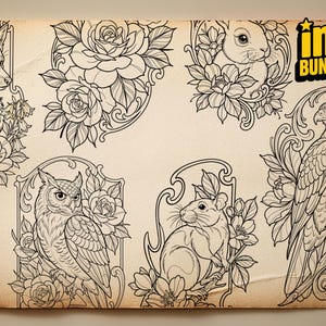May include: A collection of black and white line art illustrations on a tan background featuring a fox, a rabbit, an owl, a mouse, and a hawk, each surrounded by floral elements and decorative frames. The text ink BUNDLES is in the corner.