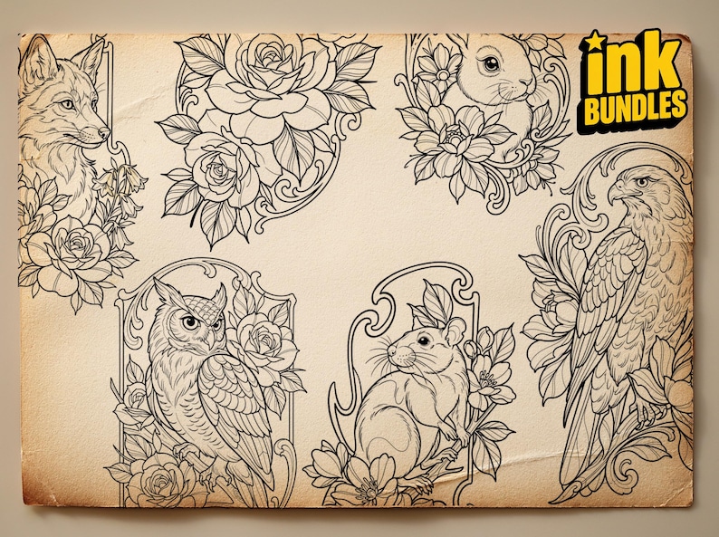 May include: A collection of black and white line art illustrations on a tan background featuring a fox, a rabbit, an owl, a mouse, and a hawk, each surrounded by floral elements and decorative frames. The text ink BUNDLES is in the corner.