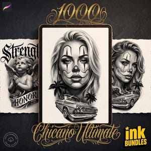 Op de afbeelding: Een digitale tablet met een zwart-witillustratie van een persoon met clown-make-up, palmbomen en een klassieke auto. Links een cherubijn met de tekst Strength en Honor. Rechts een soortgelijk portret. De tekst luidt 1000 en Chicano Ultimate.