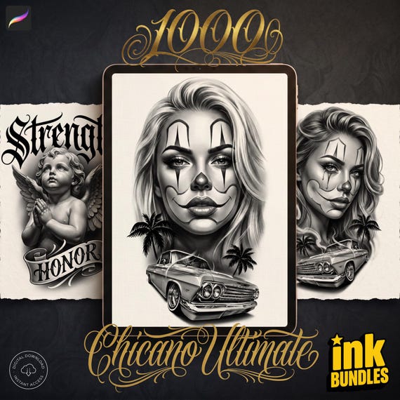 1000+ Chicano Tattoo Design Kit: Procreate Stamps, PDF, PNG Files